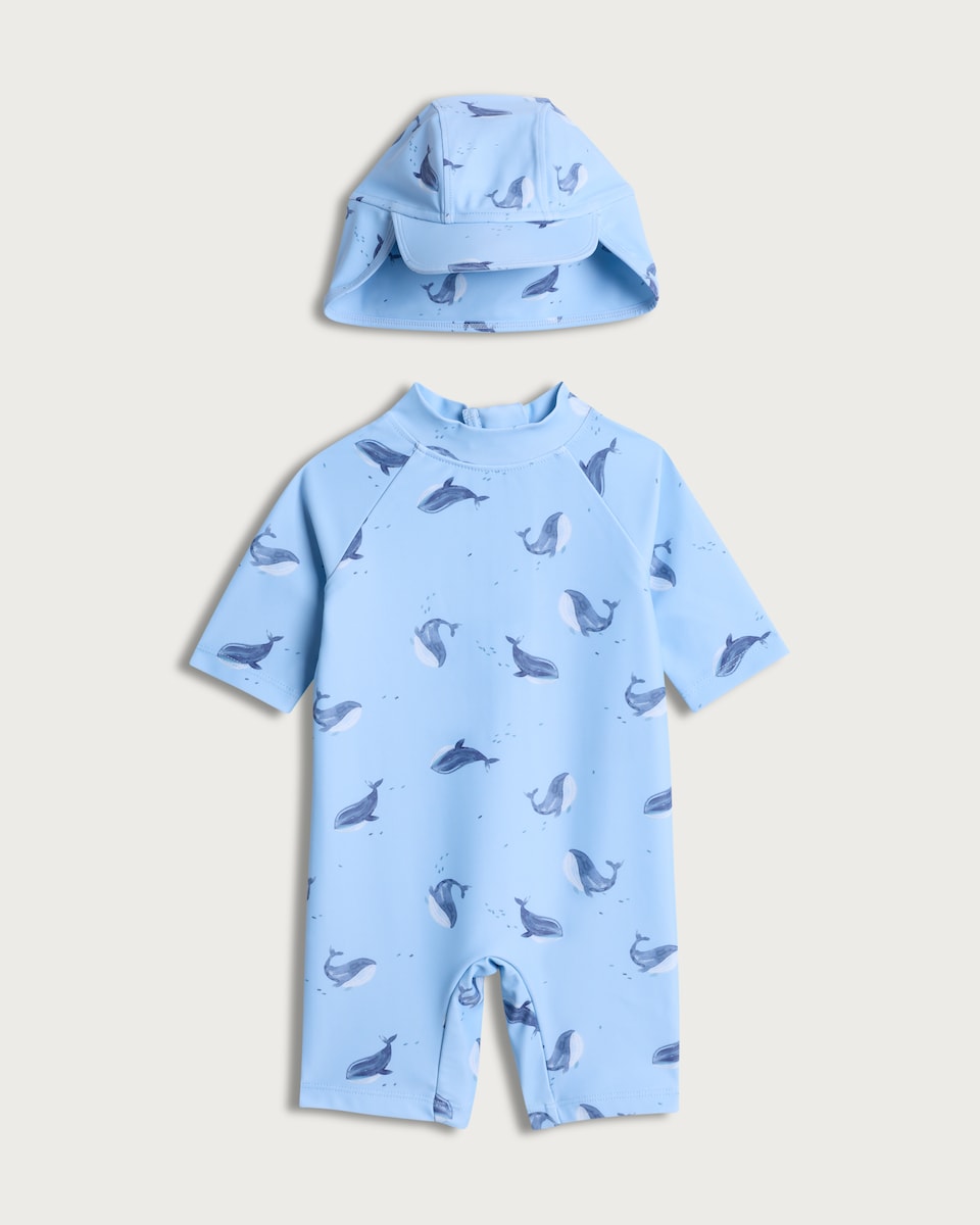 image 1 of F&F Baby 2-Piece Whale Print Sunsafe Swimsuit and Hat Set in Blue