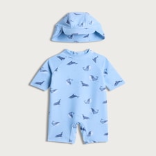 F&F Baby 2-Piece Whale Print Sunsafe Swimsuit and Hat Set in Blue