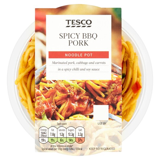 TESCO NOODLE POT SPICY BBQ PORK 300G Tesco Groceries