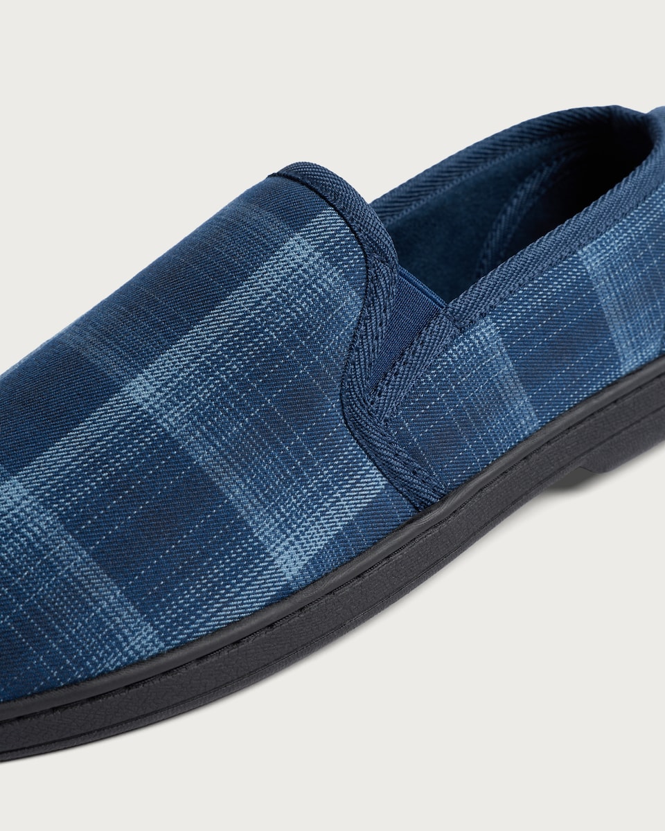image 1 of F&F Check Print Closed Back Slippers in Navy