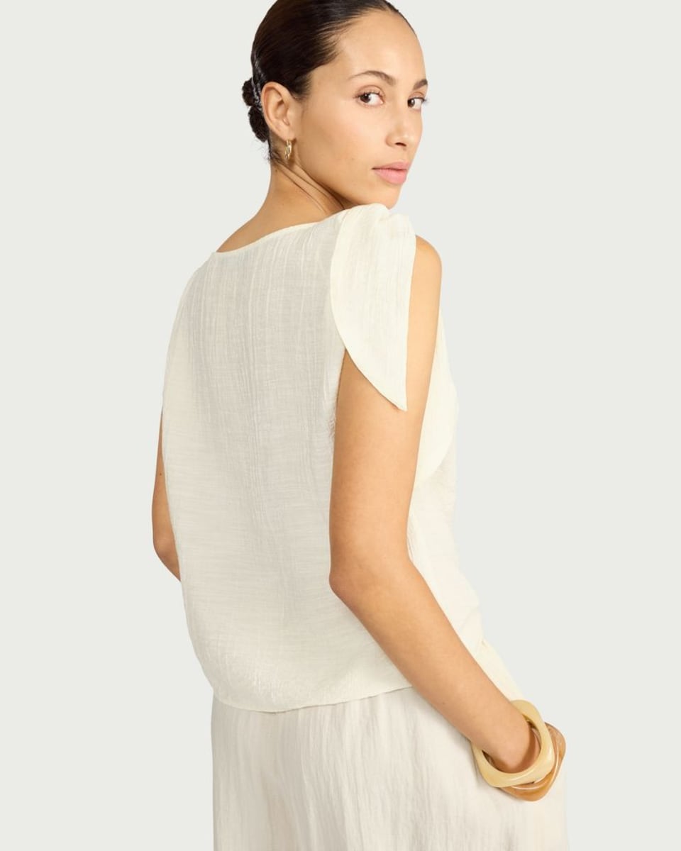 image 1 of F&F Textured Tie Shoulder Blouse in Cream