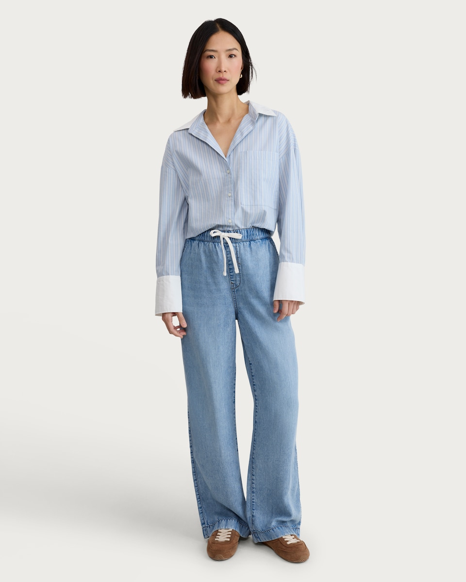 image 1 of F&F Pure Lyocell Wide Leg Drawstring Jeans in Blue