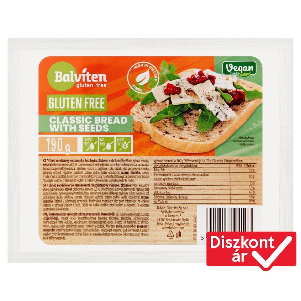 Balviten gluténmentes vegán szeletelt sokmagvas kenyér 190 g  1. kép