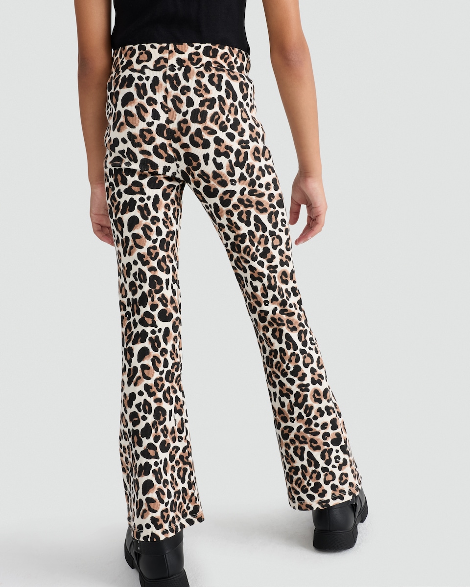 image 1 of F&F Girls Cotton Rich Leopard Print Flared Leggings in Multi Brown