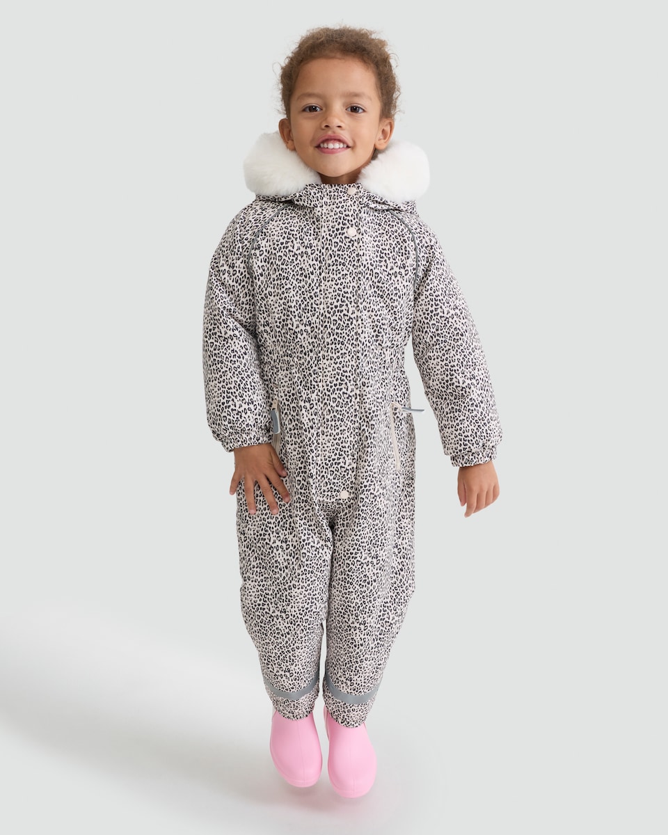 image 1 of F&F Girls Leopard Print Faux Fur Hooded Waterproof Snowsuit in Multi Brown