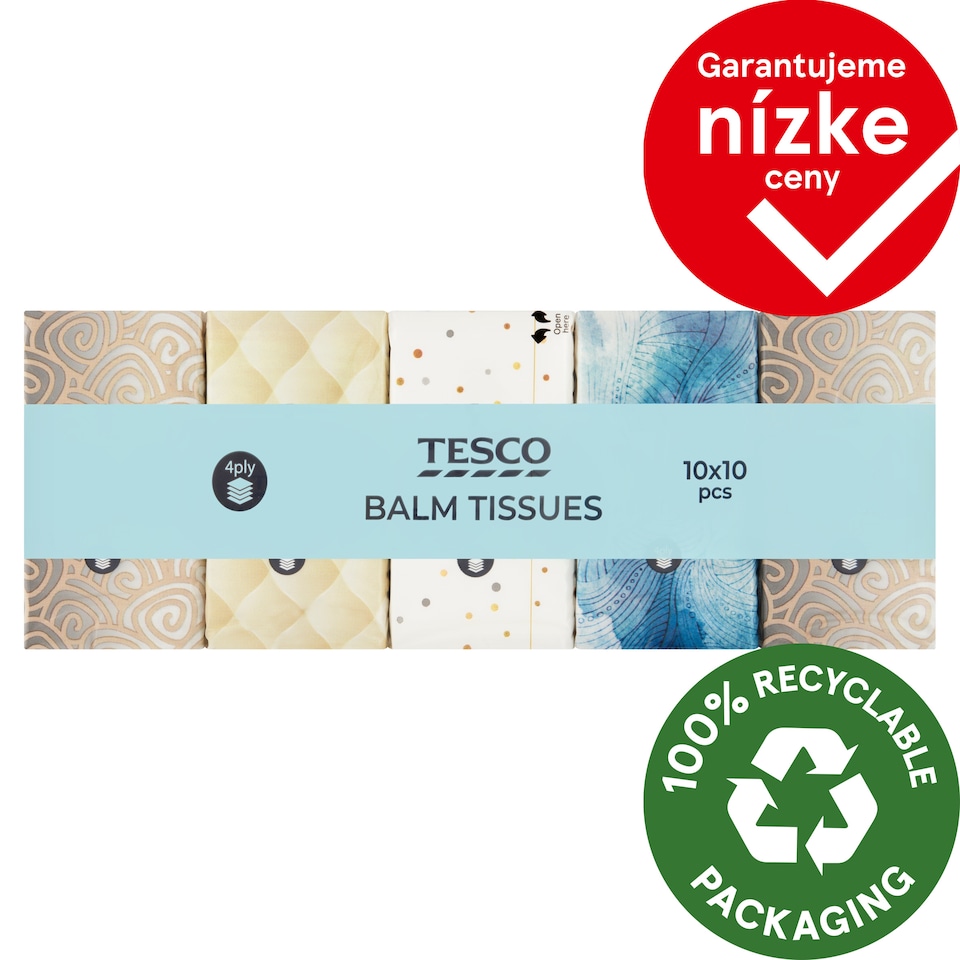 Tesco Papierové vreckovky s balzamom 4 vrstvy 10 x 10 ks