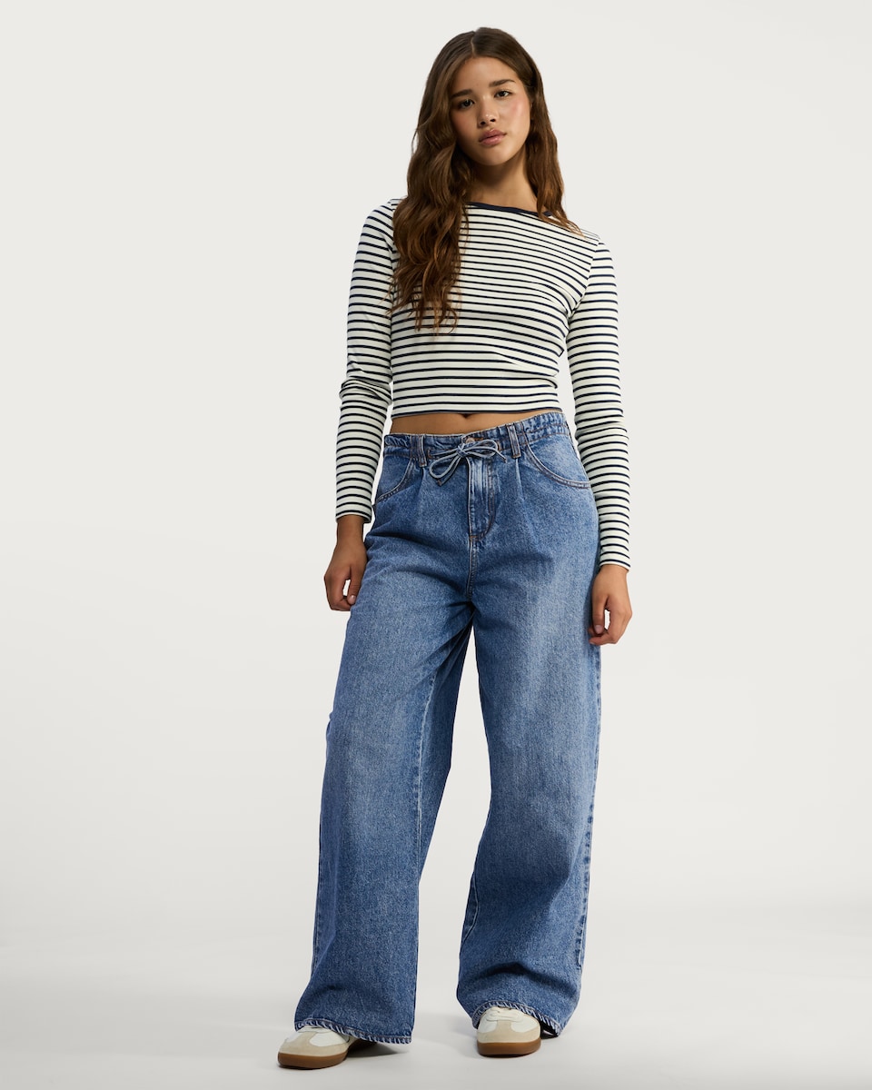 image 1 of OH ME OH MY Wide Leg Tie Waist Jeans in Blue