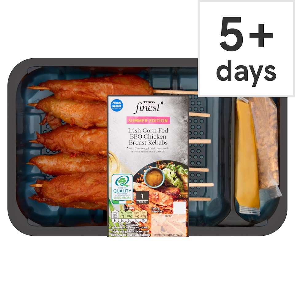 Tesco Finest Irish Corn Fed BBQ Chicken Breast Kebabs 380g.