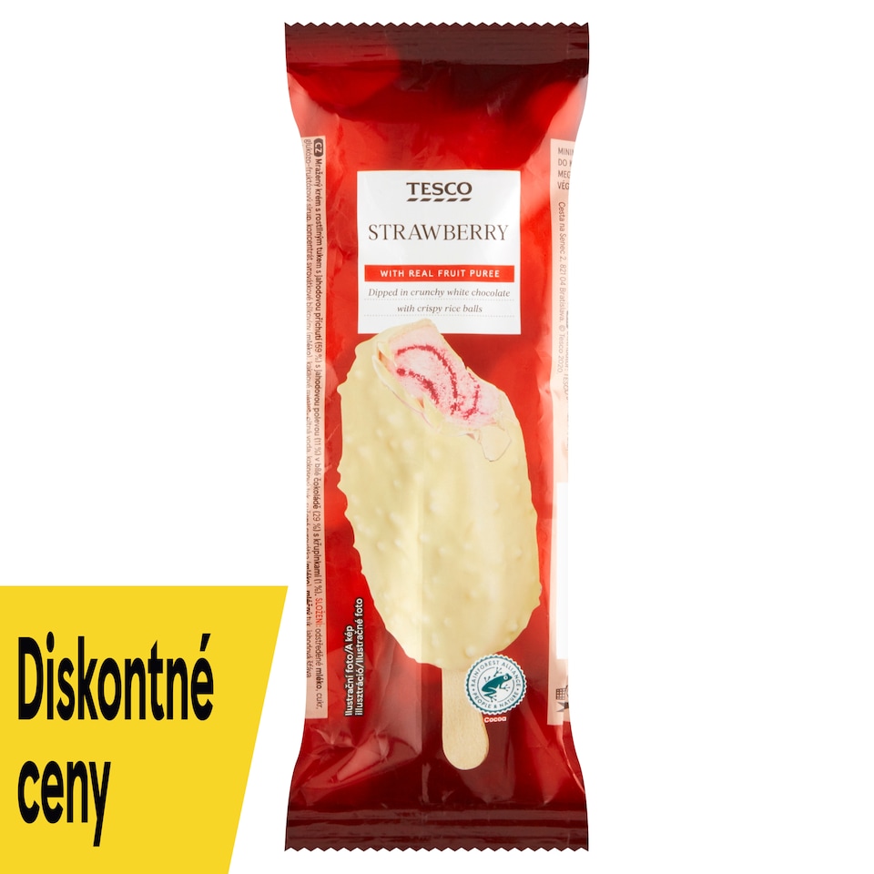 Tesco Mrazený krém s jahodovou príchuťou v bielej čokoláde 120 ml