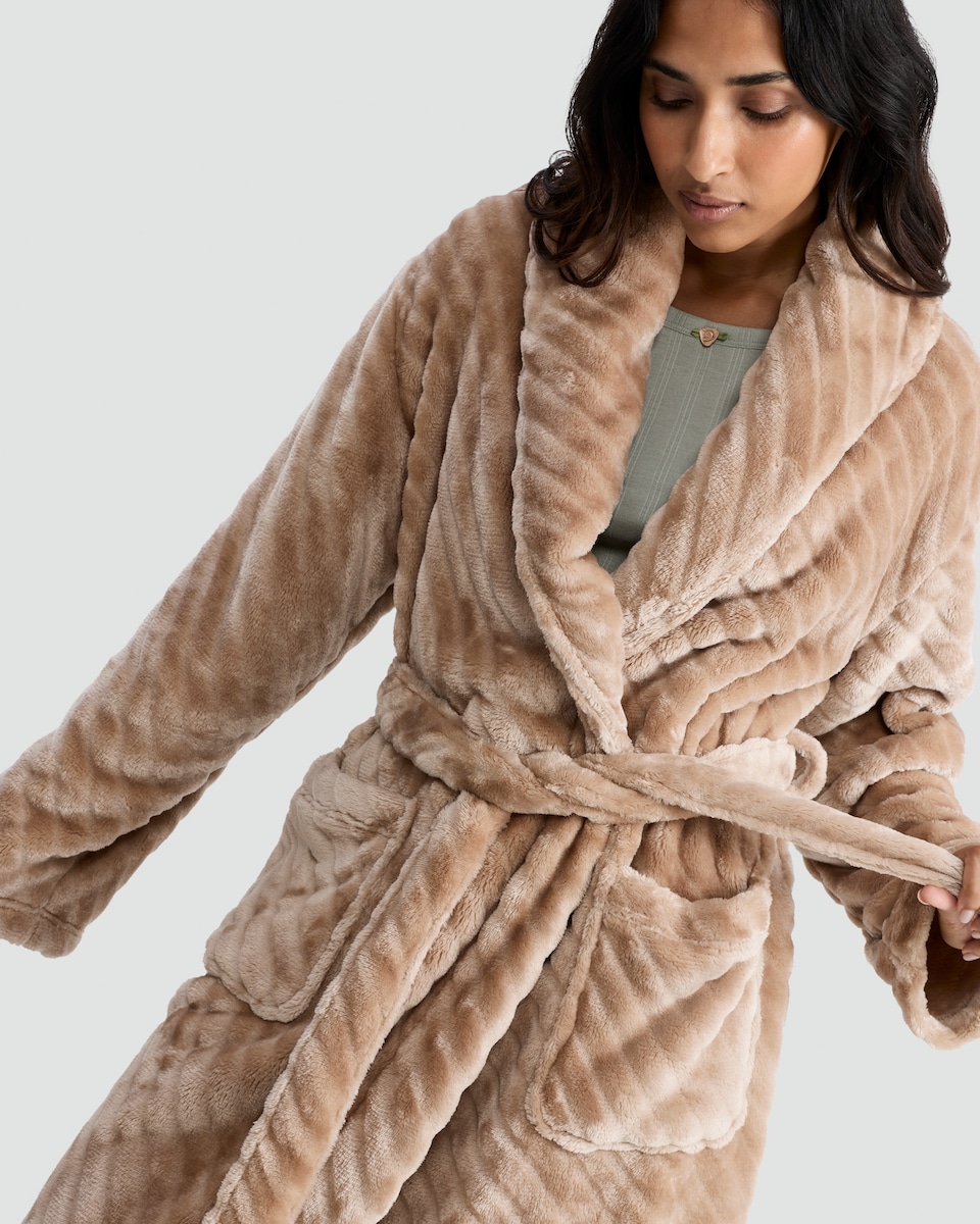 image 1 of F&F Fleece Textured Striped Dressing Gown in Camel