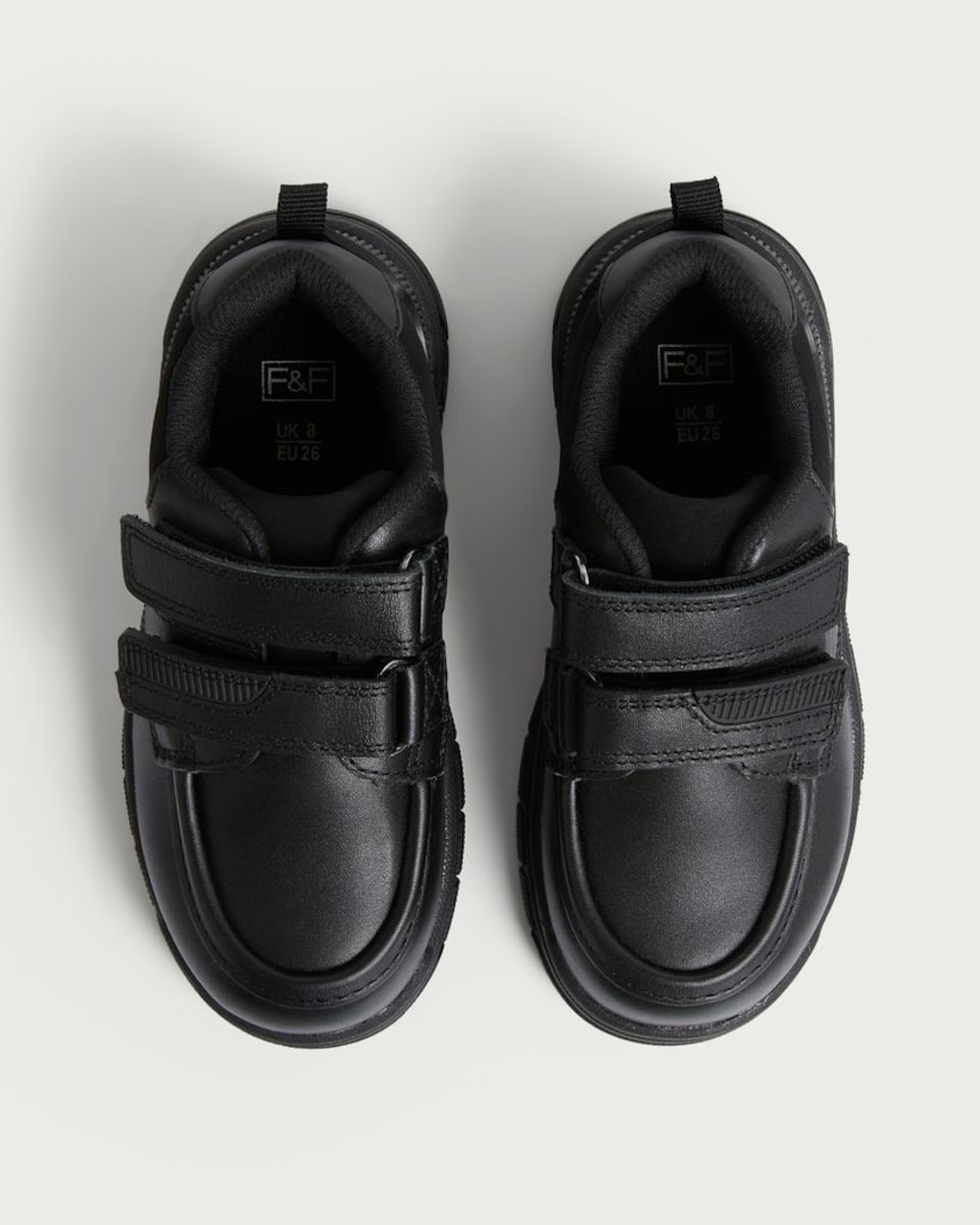 image 1 of F&F School Boys Leather Strap Fastening Trainers in Black