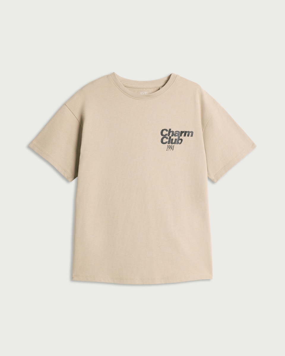 image 1 of F&F Girls Pure Cotton Slogan Oversized Fit T-Shirt in Mink