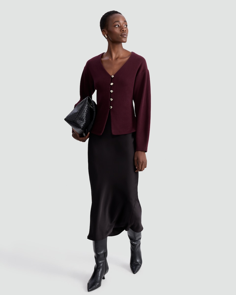 image 1 of F&F V Neck Buttoned Co-ord Cardigan in Burgundy