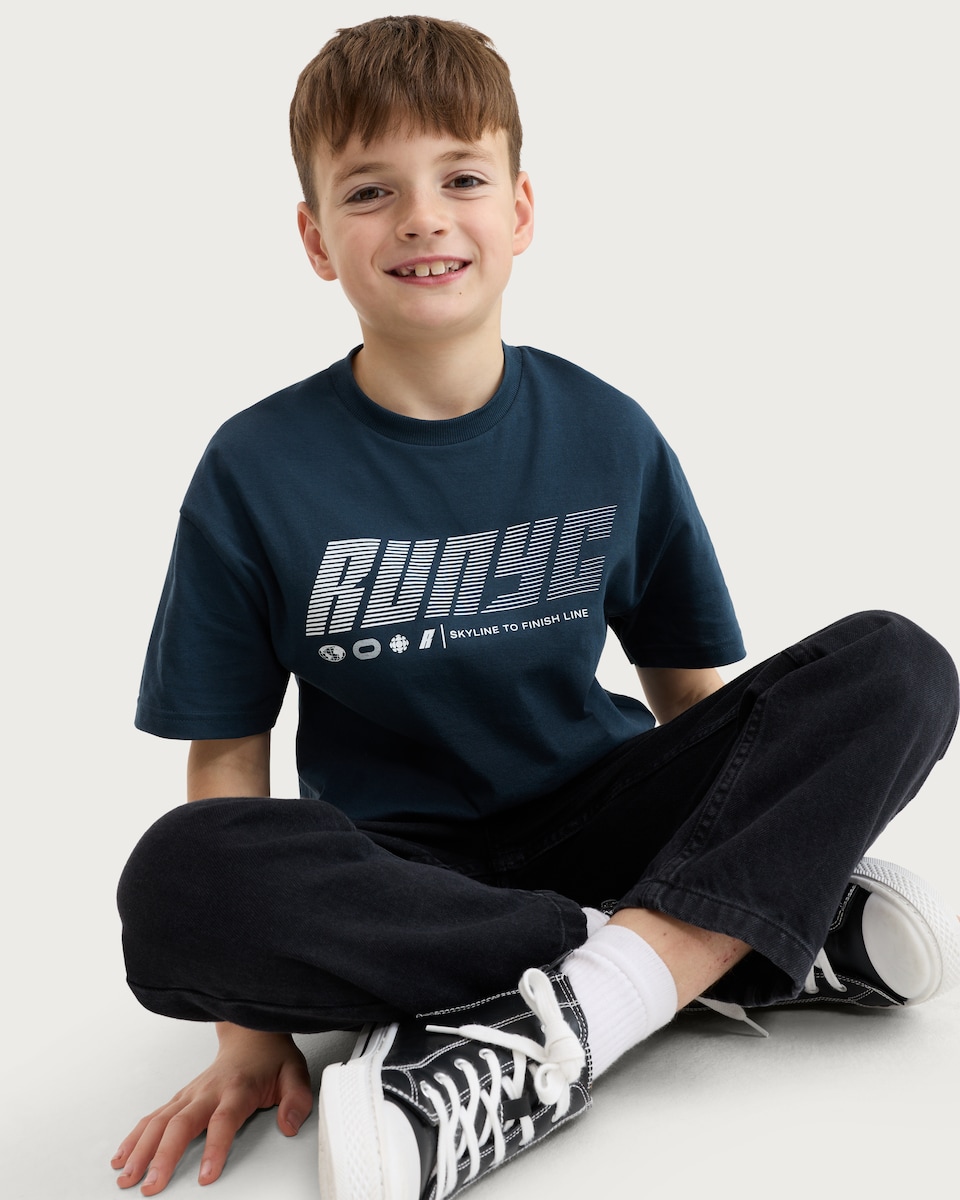 image 1 of F&F Boys Pure Cotton RUNYC Print Oversized Fit T-Shirt in Grey