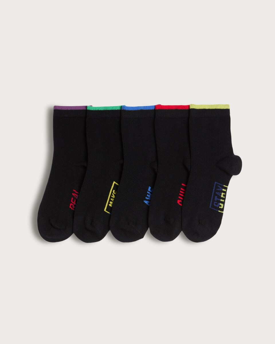 F&F Boys 5-Pack Cotton Rich Slogan Ankle Socks in Black