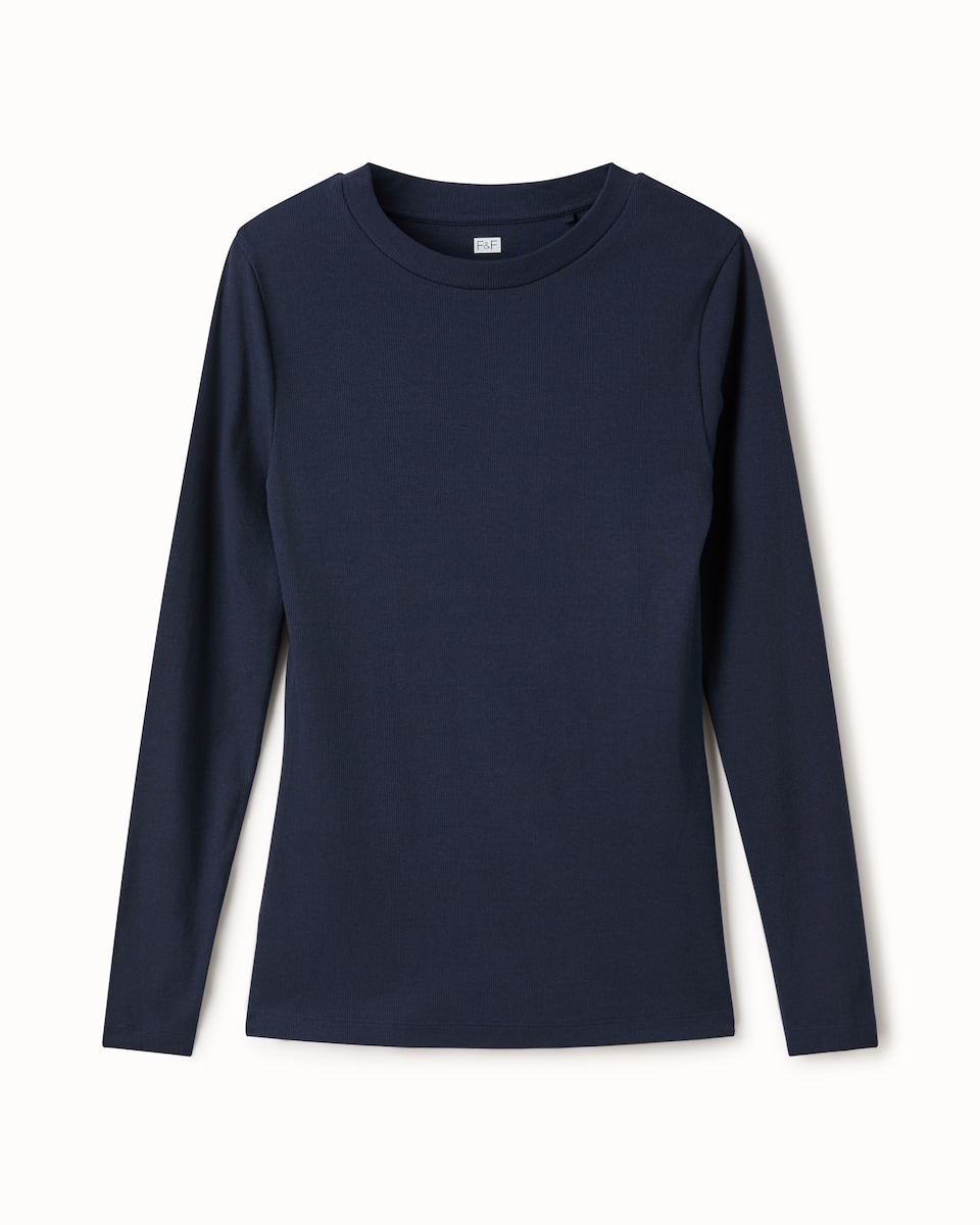 image 1 of F&F Cotton Rich Ribbed Long Sleeved Top in Navy