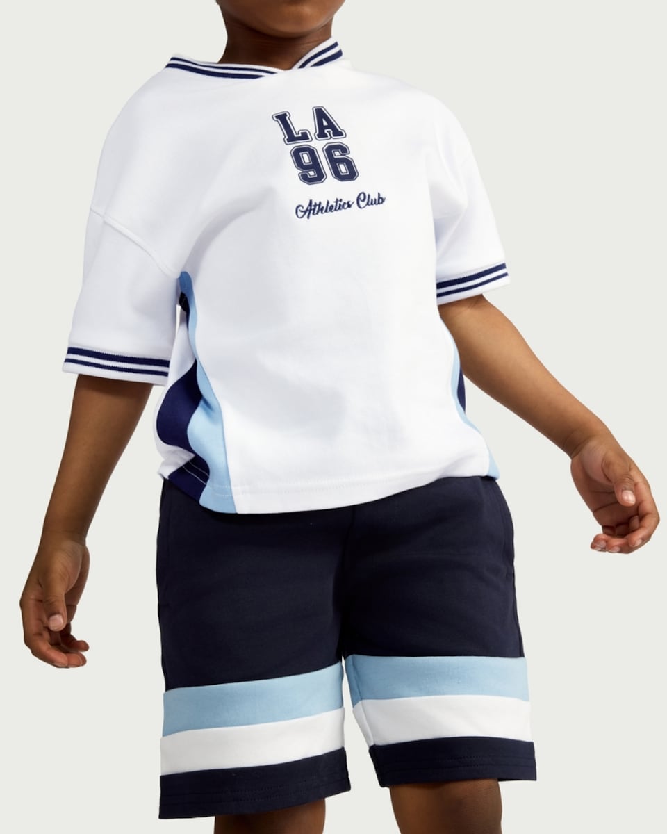 image 1 of F&F Boys 2-Piece Pure Cotton LA T-Shirt and Shorts Set in Blue