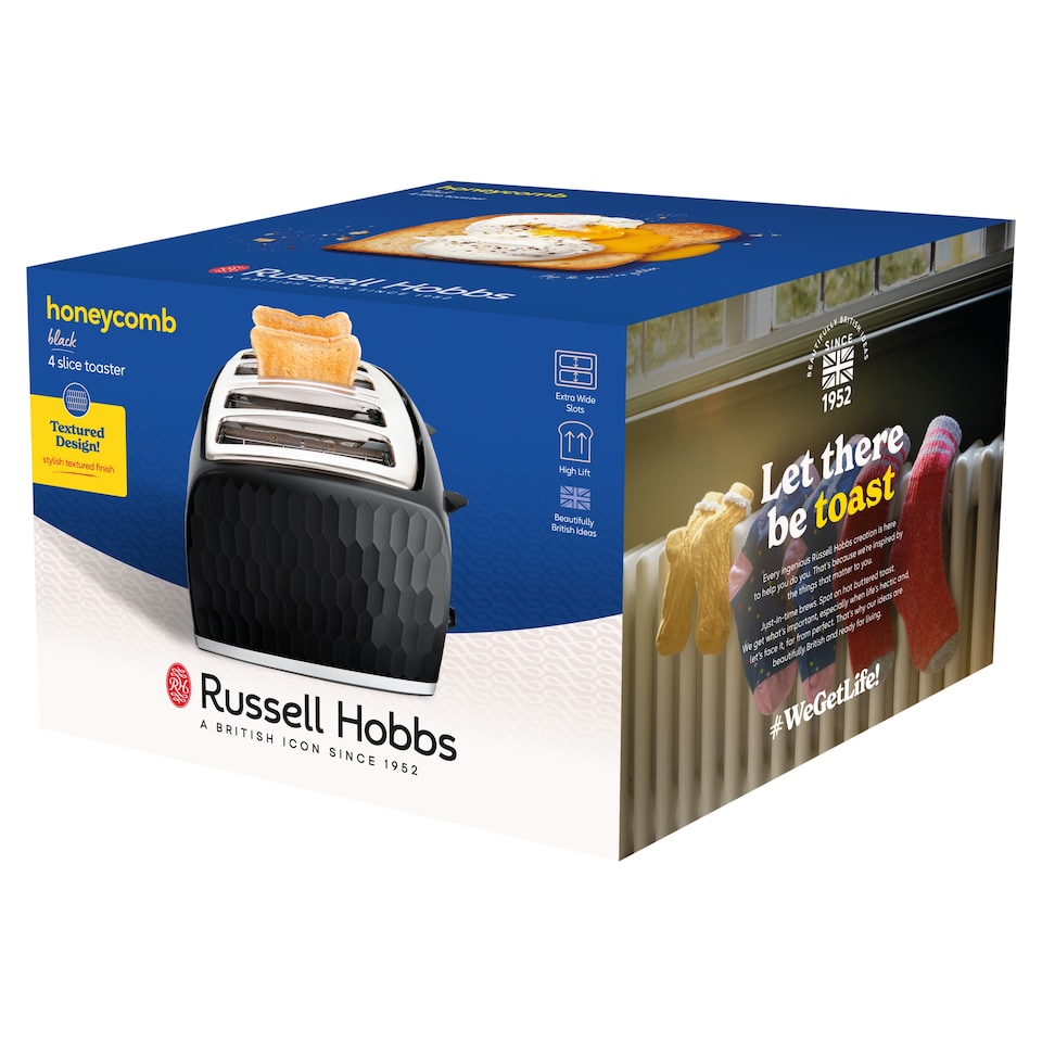 Russell Hobbs Honeycomb Black 4 Slice Toaster