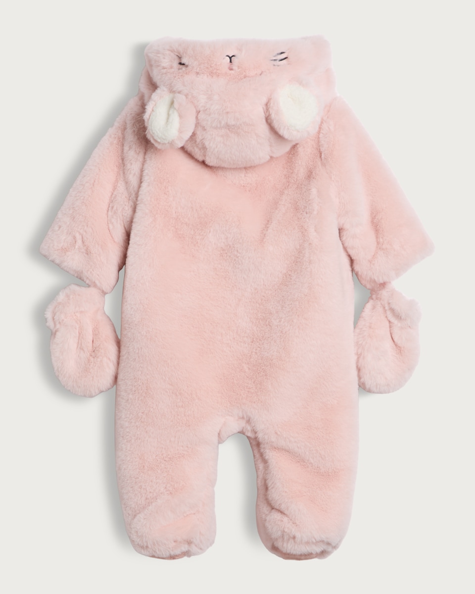 image 1 of F&F Baby Rabbit Style Hooded Pramsuit in Multi Pink
