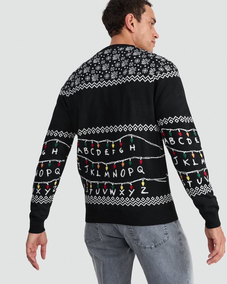 image 1 of Stranger Things Knitted Christmas Jumper in Black
