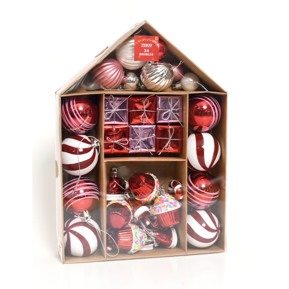 image 1 of Tesco Candy Cane Baubles Christmas Decorations 34 Pack