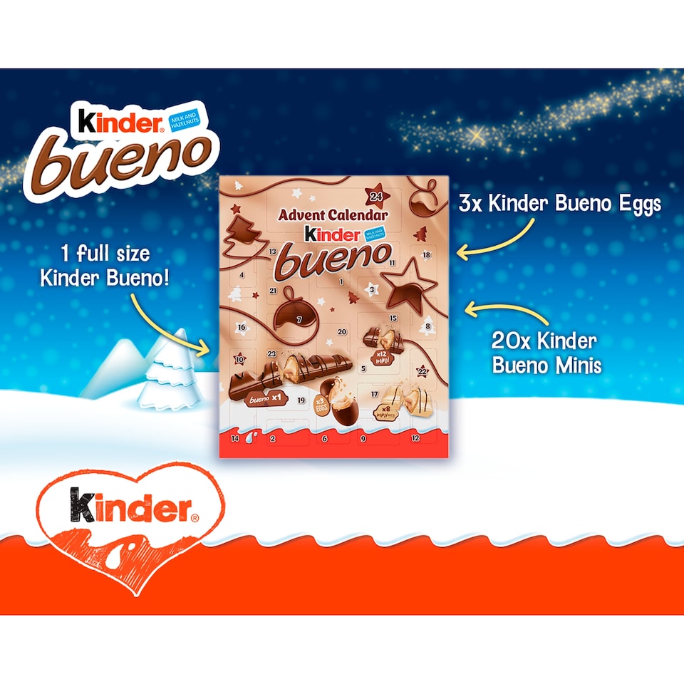 image 1 of Kinder Bueno Milk and Hazelnuts Chocolate Advent Calendar 181g