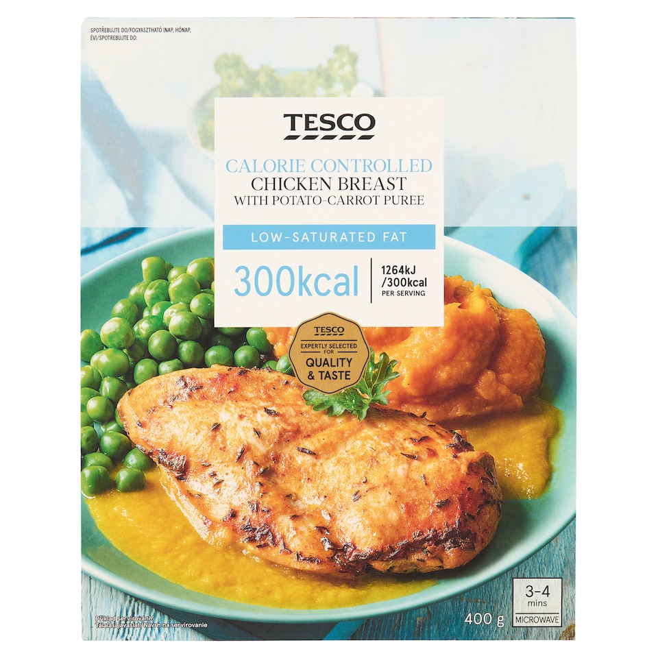 Tesco sült csirkemellfilé burgonya- és sárgarépapürével, mártással és zöldborsóval 400 g
