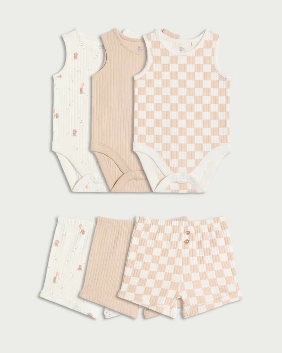 image 1 of F&F Baby 3-Pack Cotton Rich Bodysuits and Shorts Sets in White