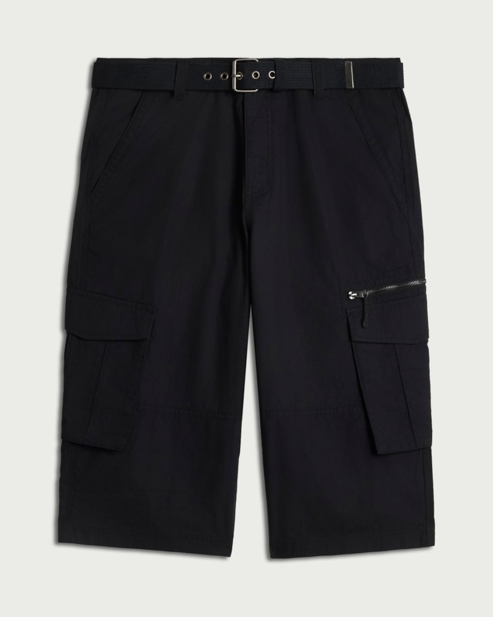 image 1 of F&F Pure Cotton Belted Cargo Shorts in Black
