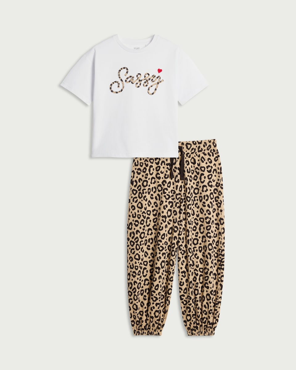 image 1 of F&F Girls Leopard Print Sassy Slogan T-Shirt and Trouser Set in Multi Brown