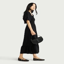 F&F Shirred Puff Sleeved Midi Dress in Black