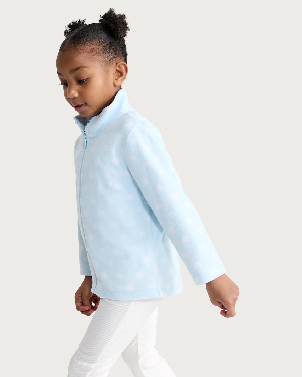 image 1 of F&F Girls Fleece Floral Print Zip Up Jacket in Blue