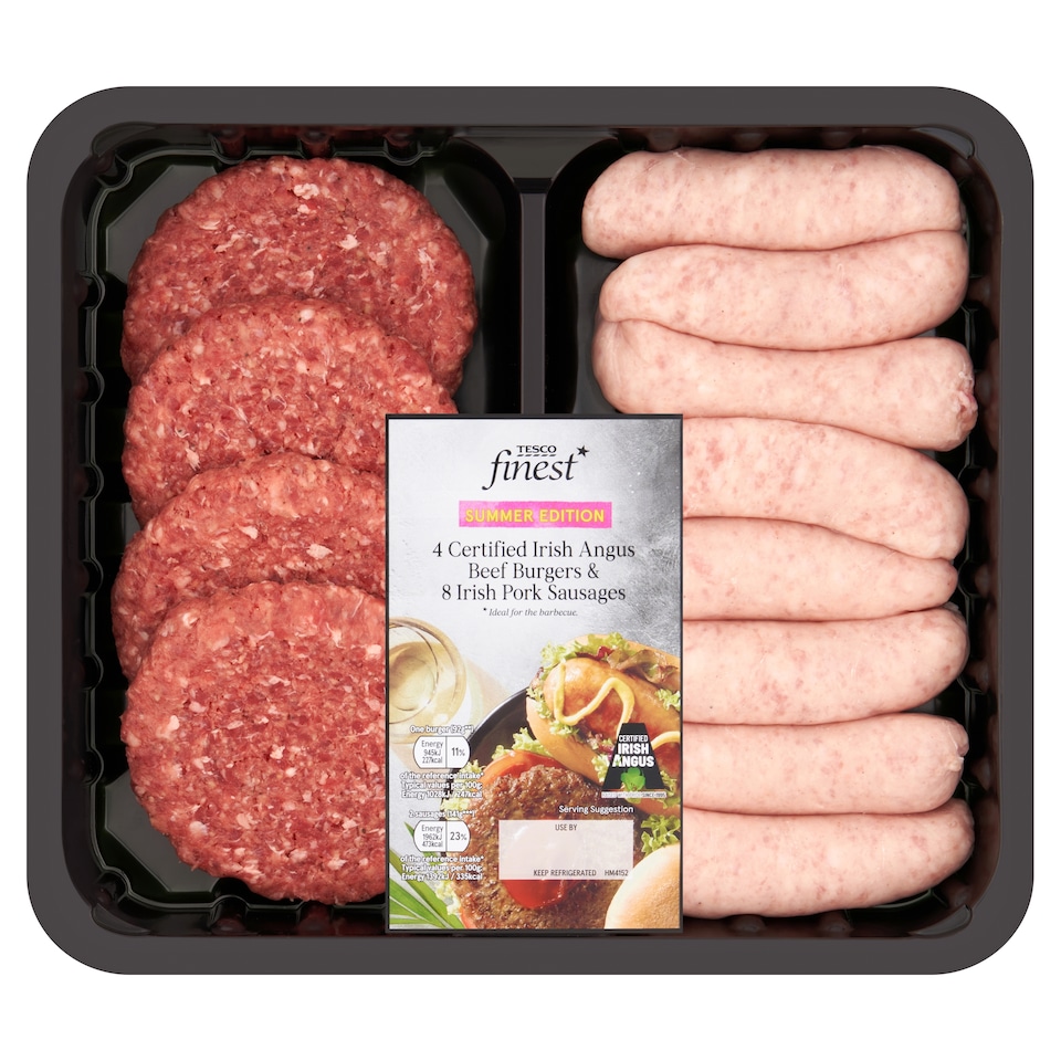 Tesco Finest 4 Certified Irish Angus Beef Burgers and 8 Irish Pork Sausages 1.06kg