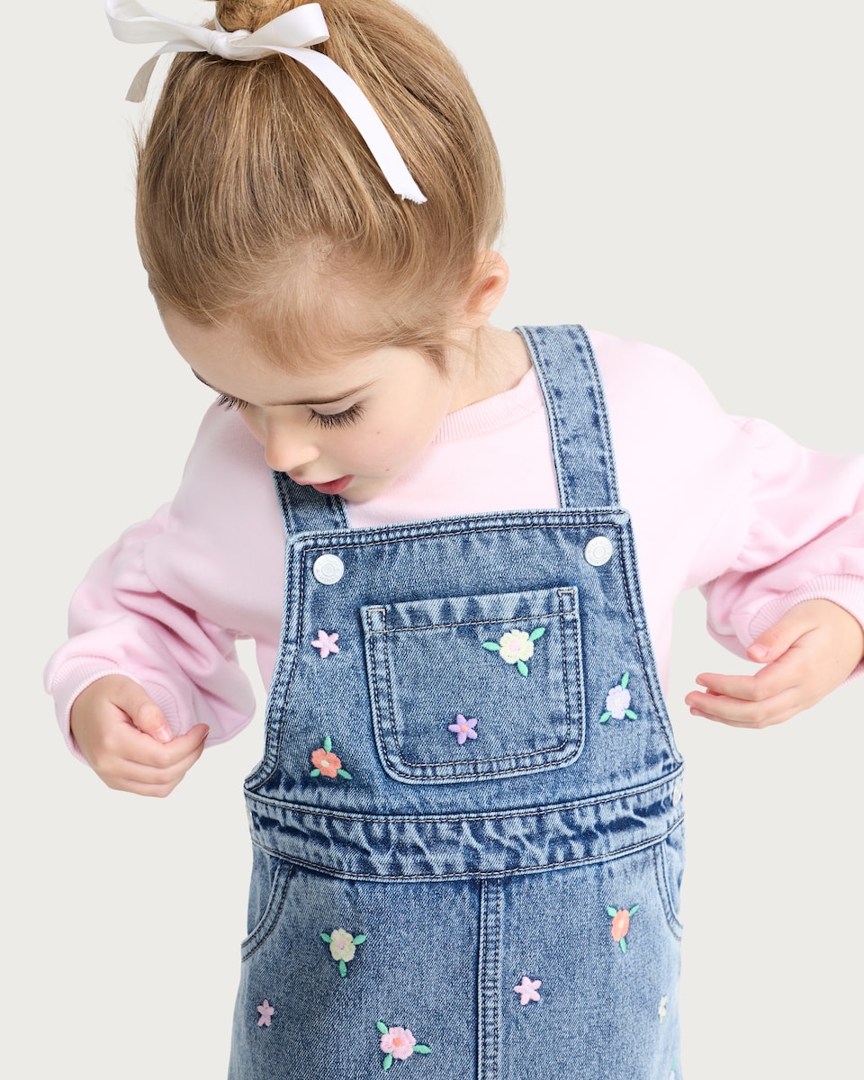 image 1 of F&F Girls 2-Piece Cotton Rich Embroidered Denim Pinafore and Sweatshirt in Blue