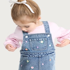 F&F Girls 2-Piece Cotton Rich Embroidered Denim Pinafore and Sweatshirt in Blue