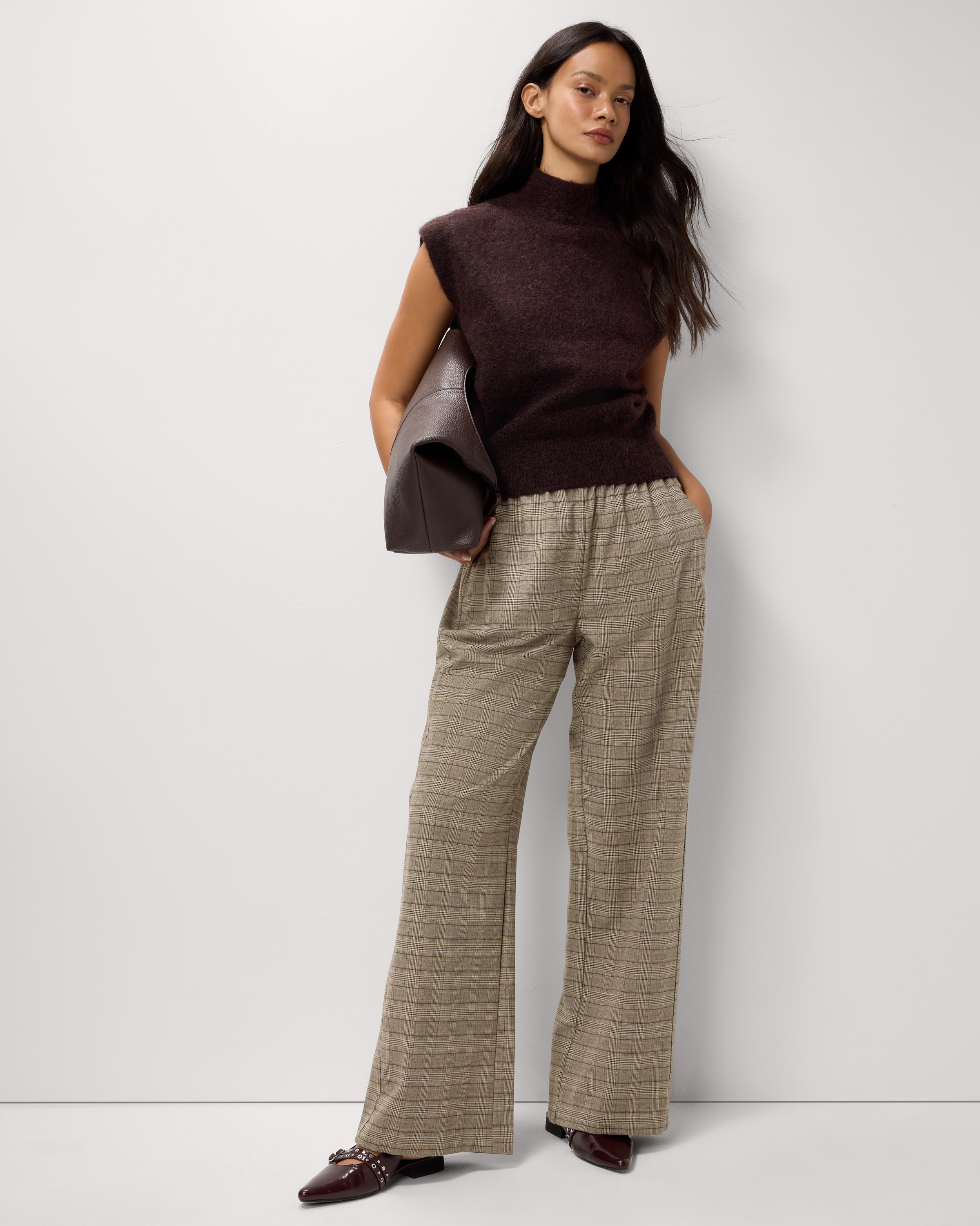 F&F Checked Wide Leg Trousers in Multi Brown
