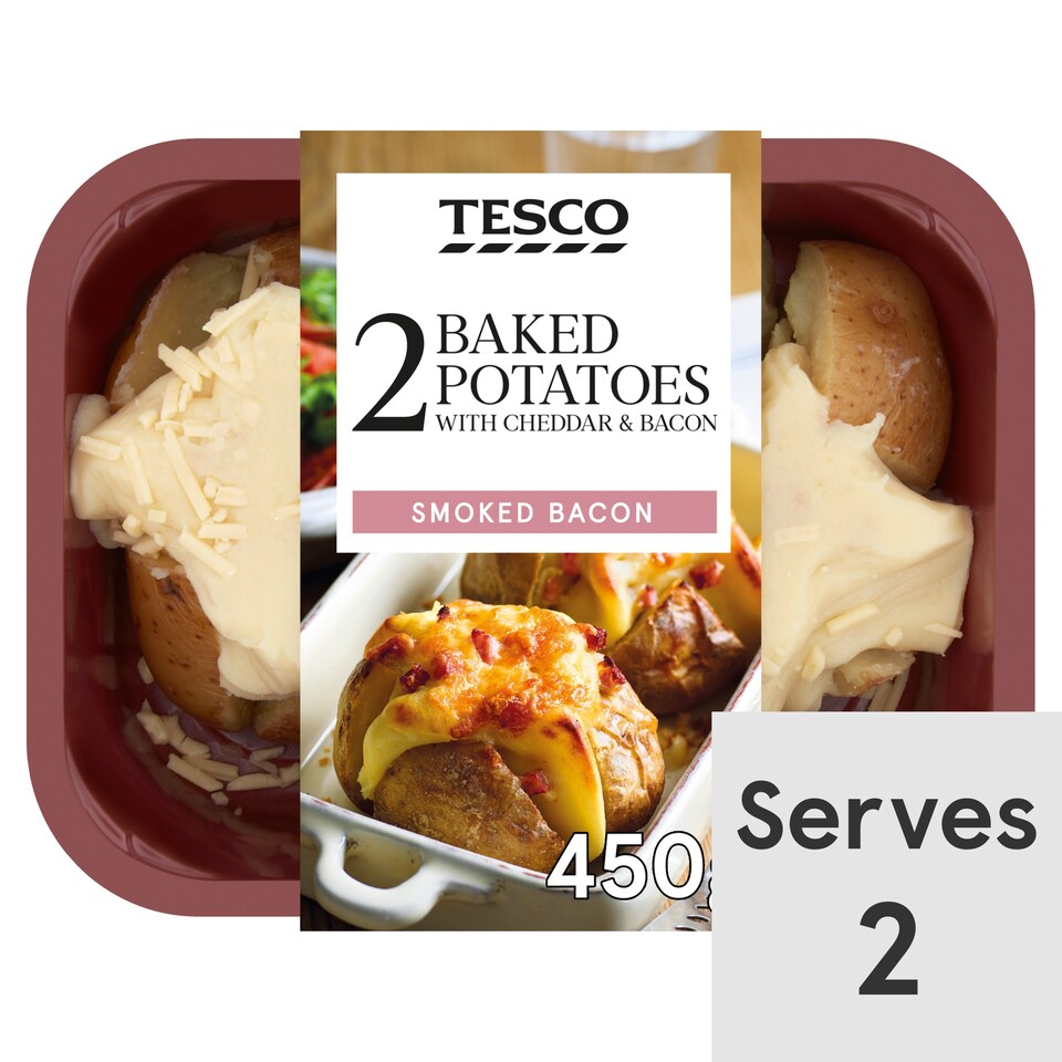 Tesco 2 Baked Potatoes With Cheese & Bacon 450G