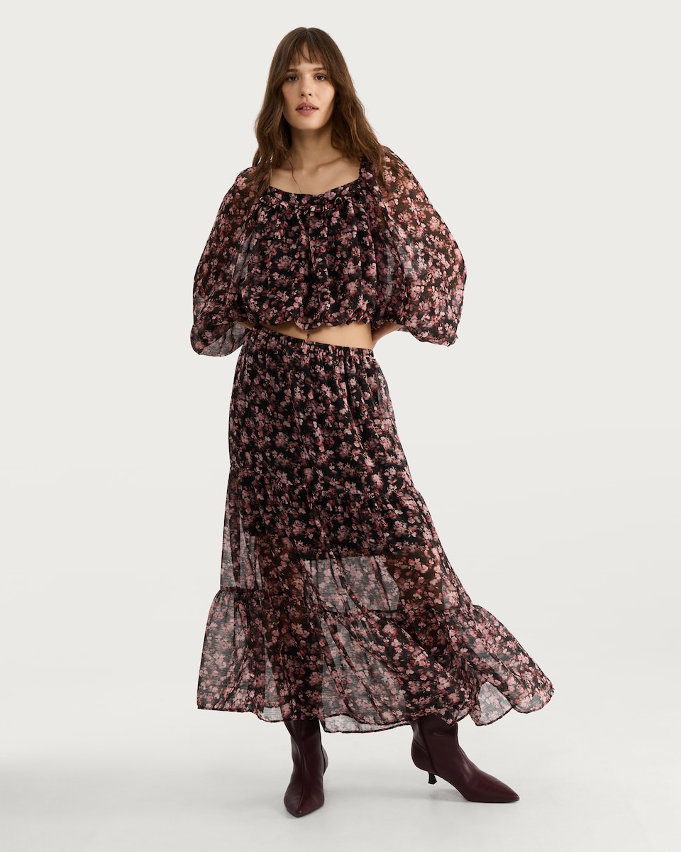 image 1 of F&F Floral Tiered Co-ord Midi Skirt in Multi Black