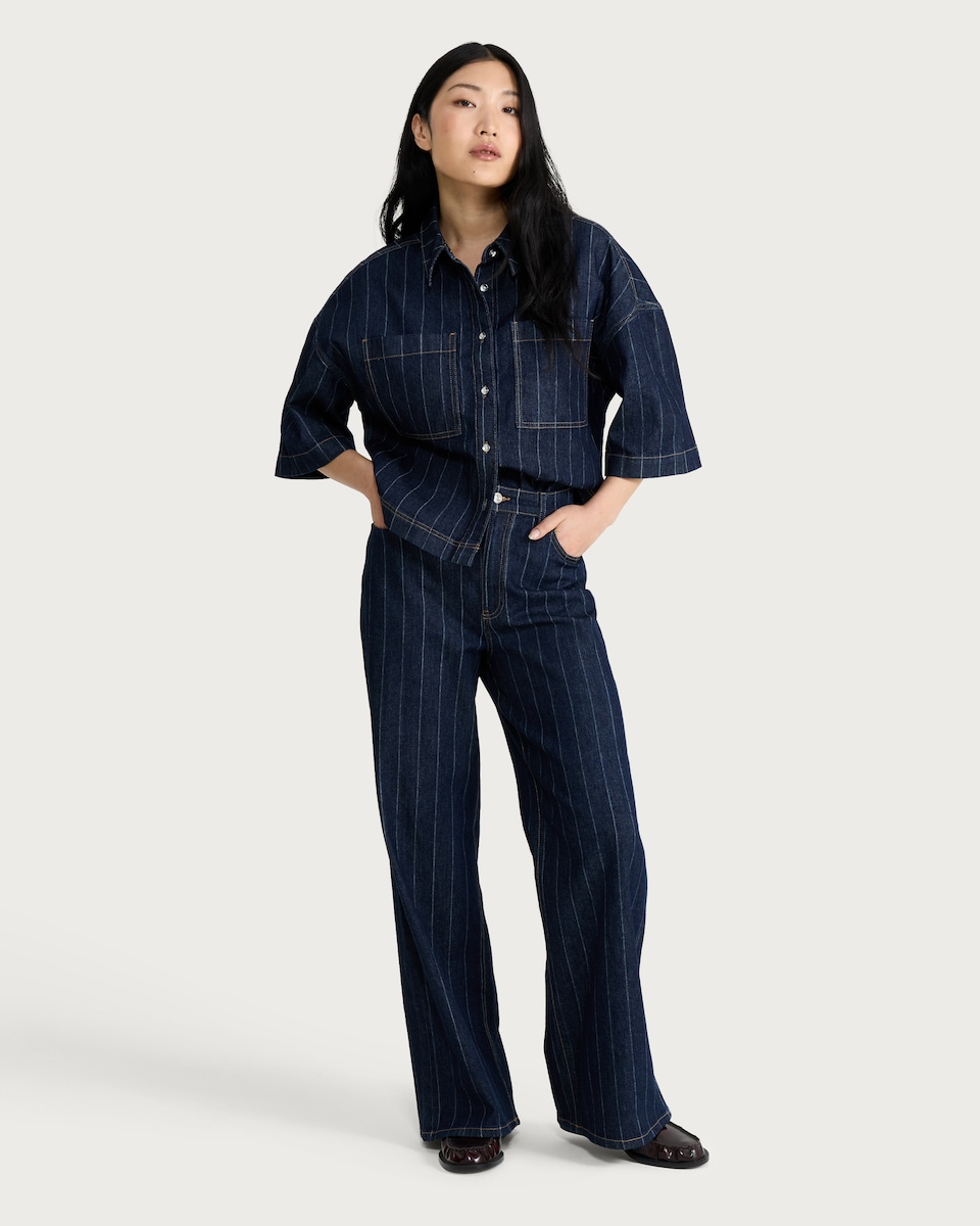 image 1 of F&F Cotton Rich Pinstripe High Rise Wide Leg Co-ord Jeans in Navy