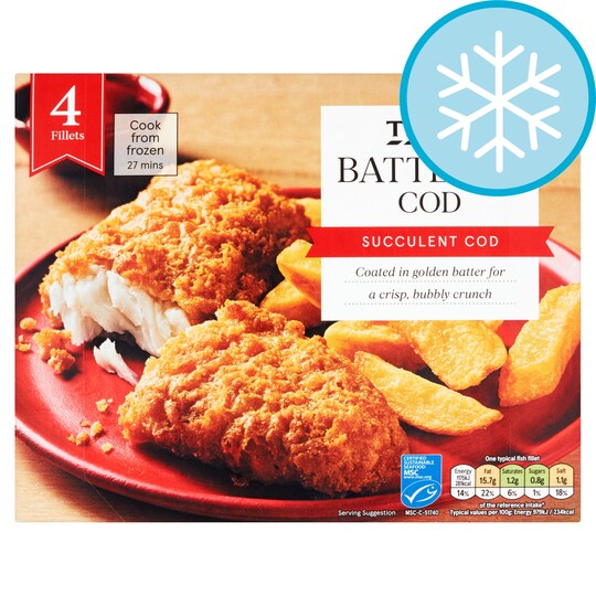Tesco 4 Battered Cod Fillets 500G Tesco Groceries