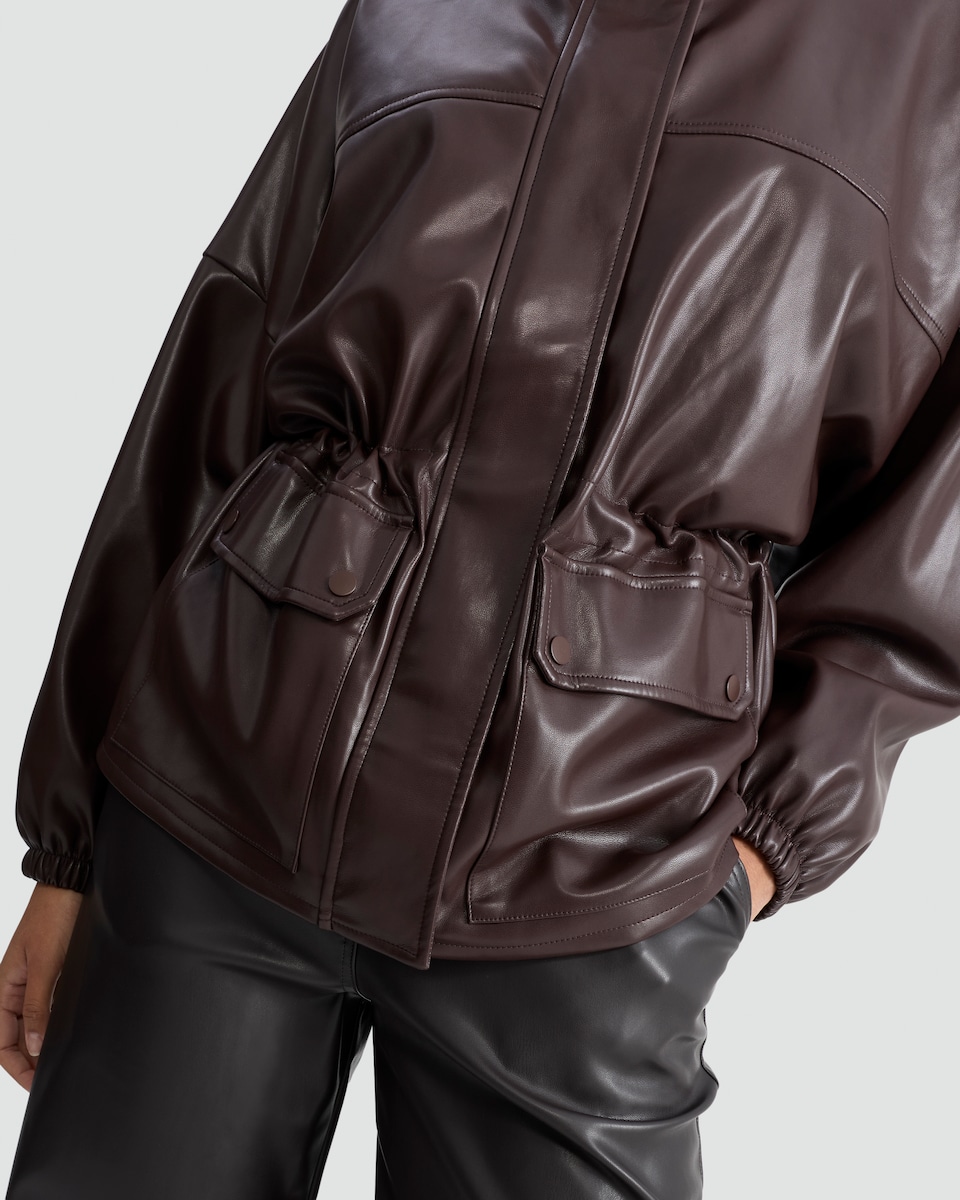 image 1 of F&F Faux Leather High Neck Jacket in Brown