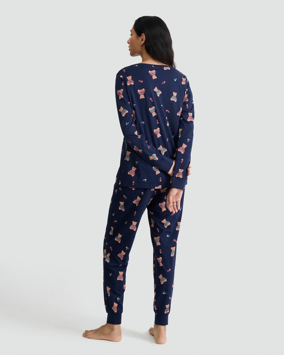 image 1 of F&F Pure Cotton Teddy Bear Print Top and Joggers Pyjamas in Navy