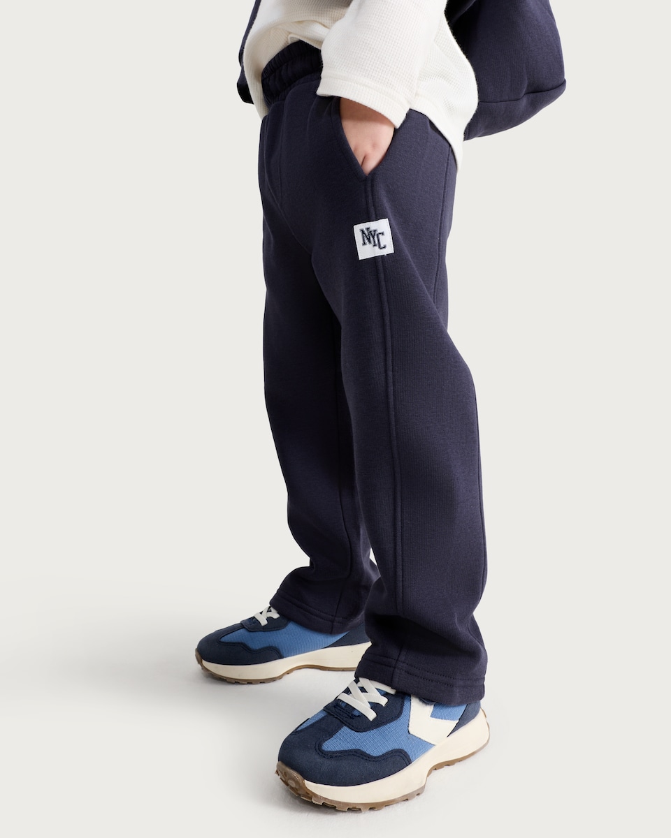 image 1 of F&F Boys Cotton Rich NYC Patch Wide Leg Joggers in Navy