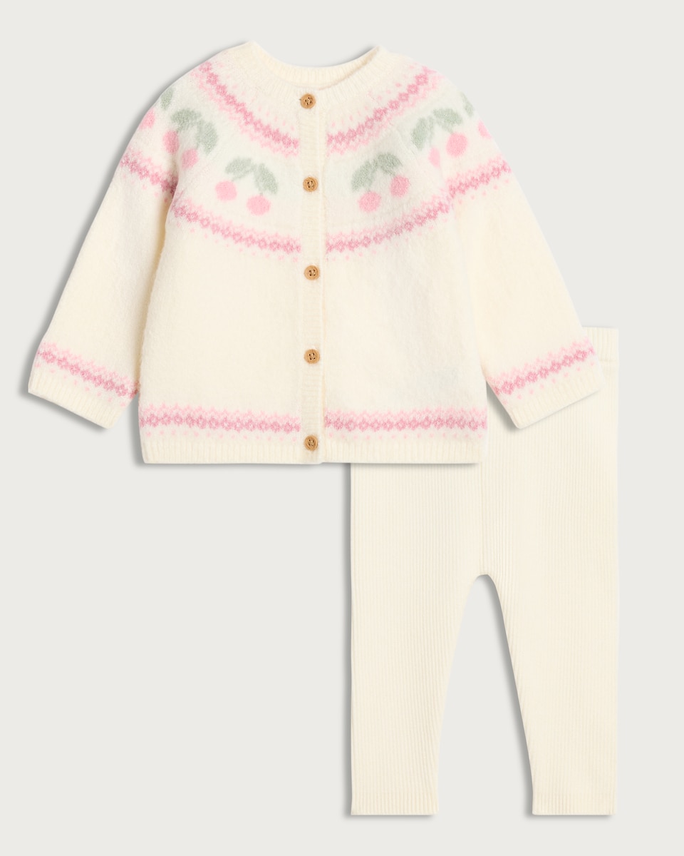image 1 of F&F Baby 2-Piece Cherry Pattern Cardigan and Leggings Set in Cream