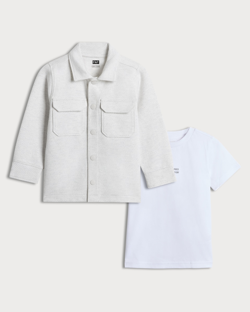 image 1 of F&F Boys 2-Piece Cotton Rich T-Shirt and Shacket Set in Grey