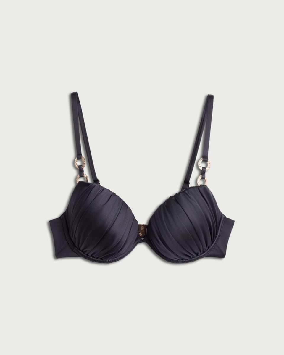 image 1 of F&F Ruched Chain Detail Bikini Top in Black