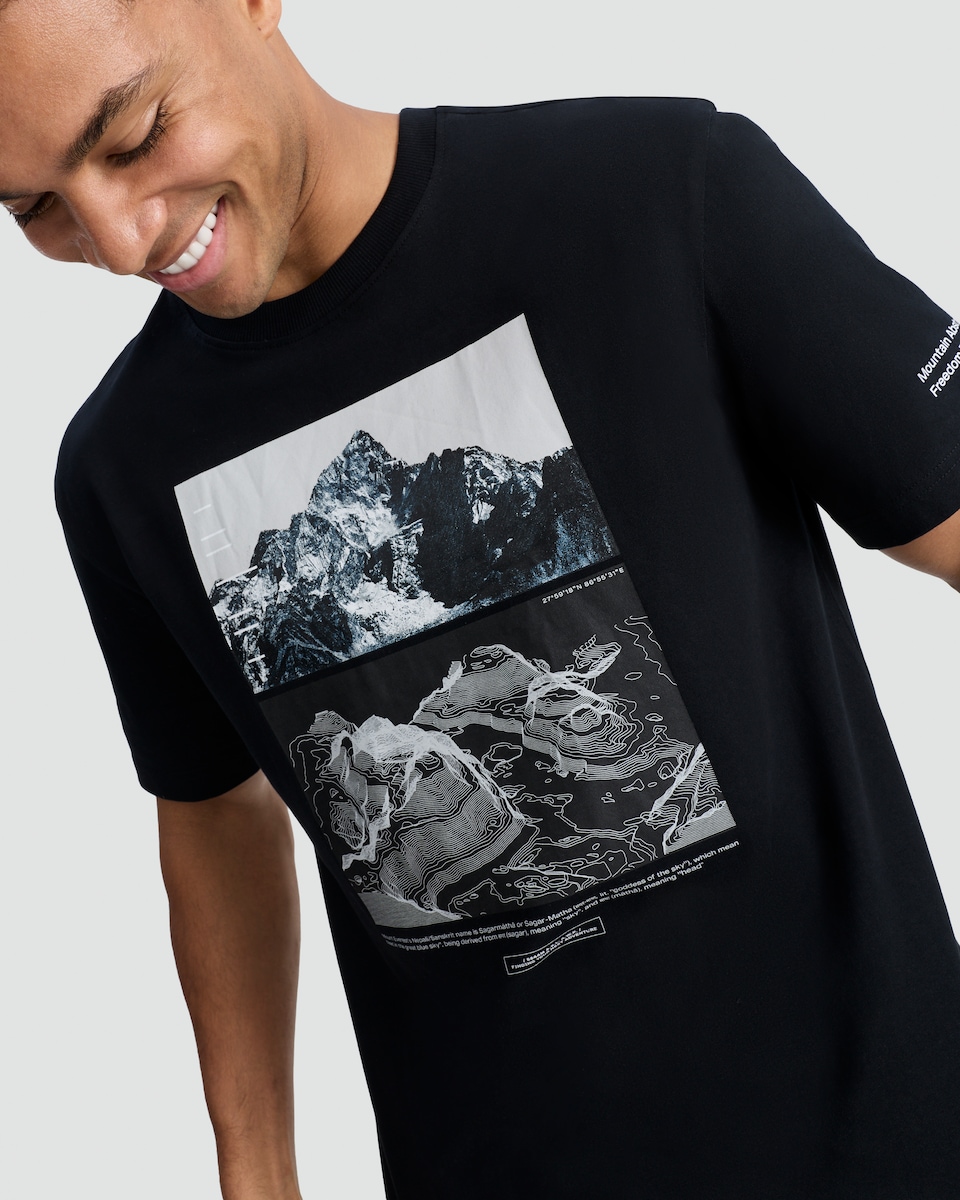 image 1 of 9 Peaks Mountain Print Pure Cotton T-Shirt in Black