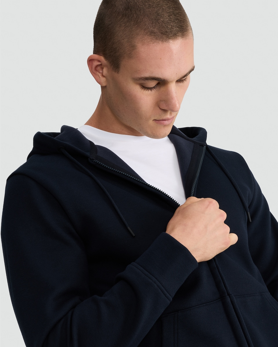 image 1 of F&F Textured Zip Through Drawstring Hoodie with Cotton in Navy