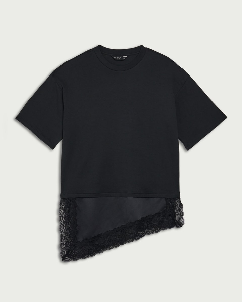 image 1 of F&F Pure Cotton T-Shirt with Lace Hem in Black