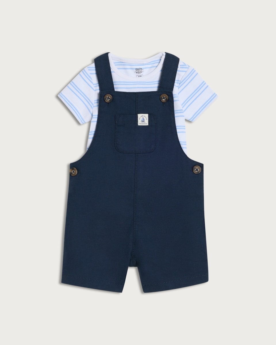 F&F Baby 2-Piece Pure Cotton Dungarees and Striped Bodysuit Set in Blue